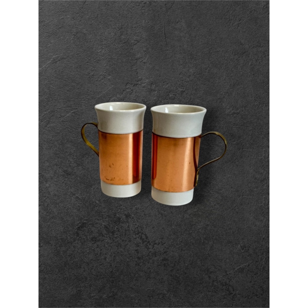 White Ceramic Copper Removable Sleeves Mug Set of 2 Brass Handles